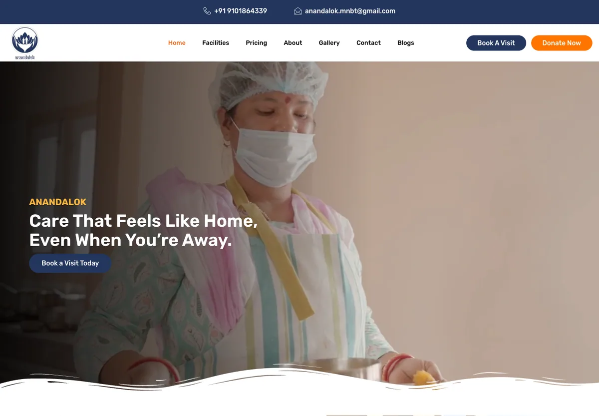 Anandalok Bongora homepage with a caregiver and the headline Care That Feels Like Home