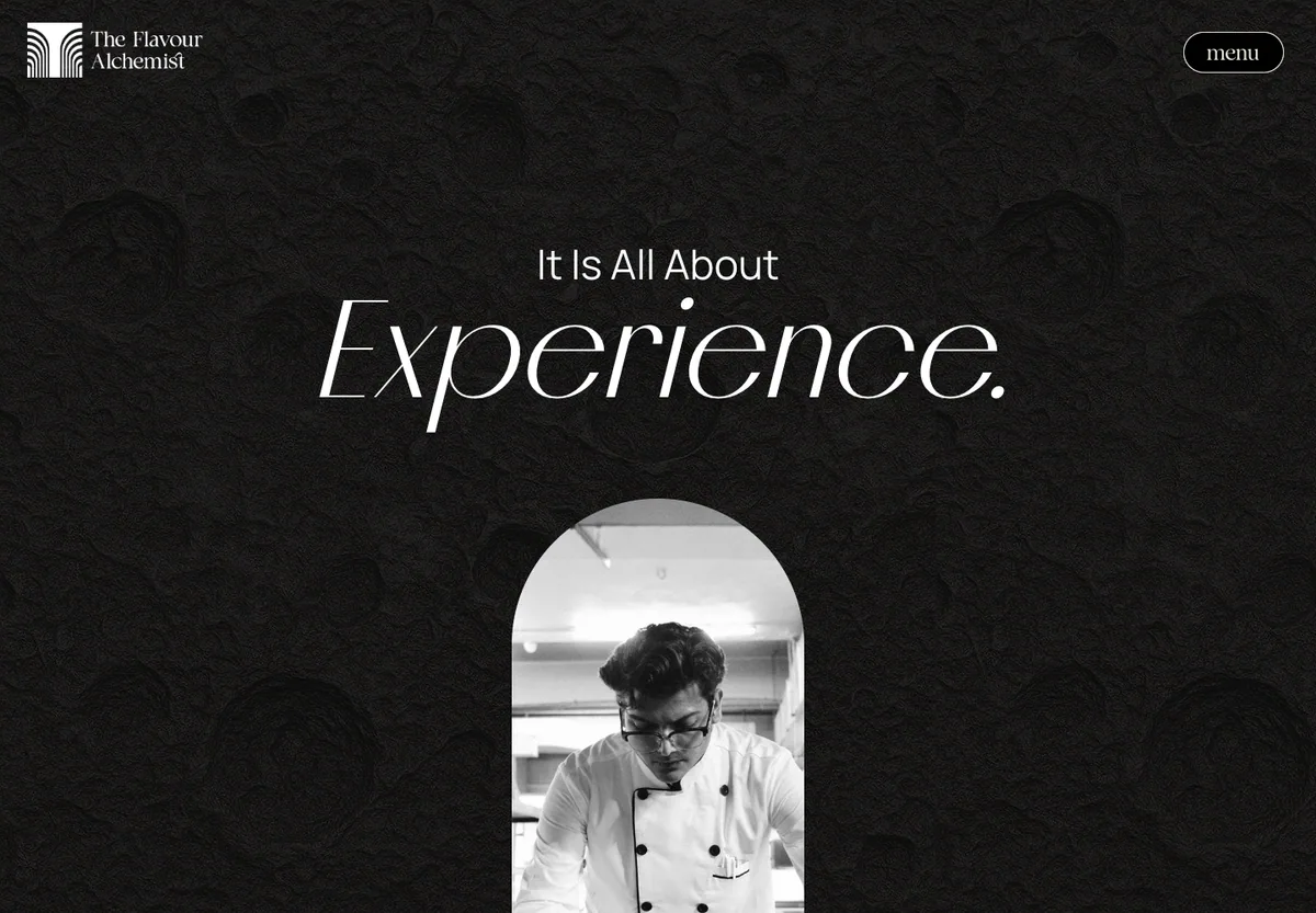 The Flavour Alchemist homepage with a dark textured background and the headline It Is All About Experience