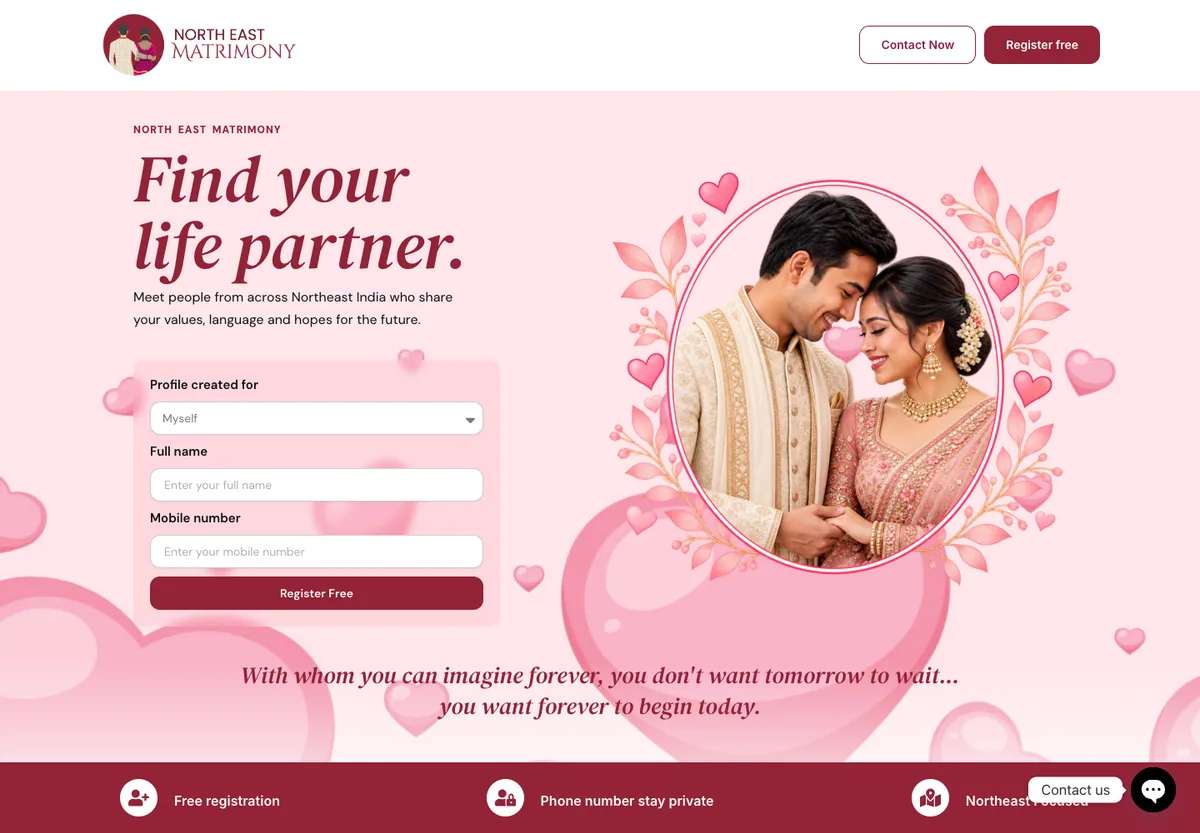 Northeast Matrimony landing page with a couple, registration form, and pink floral design