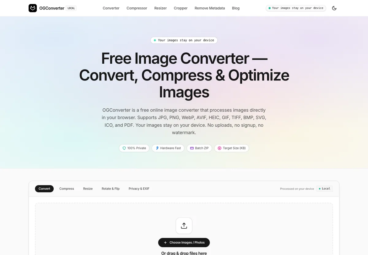 OGConverter homepage showing the free image converter interface