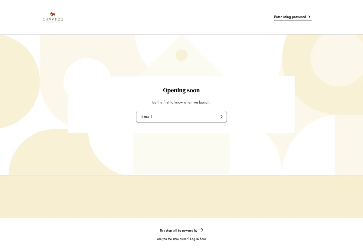 Shaanze opening-soon page with a cream background and email signup