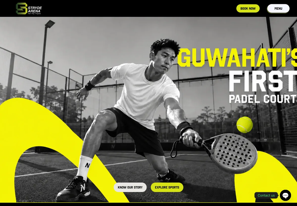 Stryde Arena homepage with a padel player and yellow brand graphics